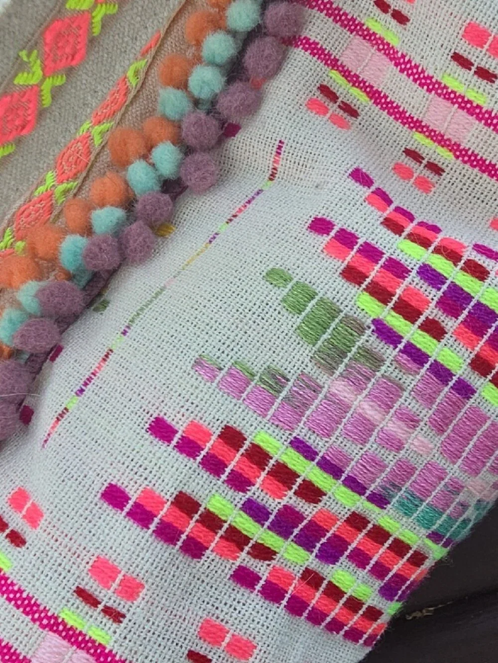 Bohemian Multicolor Embroidered Throw Bag with Pom Trim